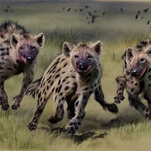 Prompt: a clan of hyenas running down savannah chasing prey, watercolor painting, highly detailed, fine art, realistic, dynamic lighting, rich colors
