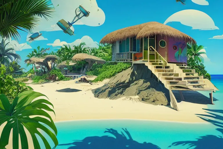 Prompt: a tropical beach cottage by paolo eleuteri serpieri and tomer hanuka and chesley bonestell and daniel merriam and tomokazu matsuyama and makoto shinkai, clearly defined outlines, unreal engine, high resolution render, featured on artstation, octane, 8 k, highly intricate details, vivid colors