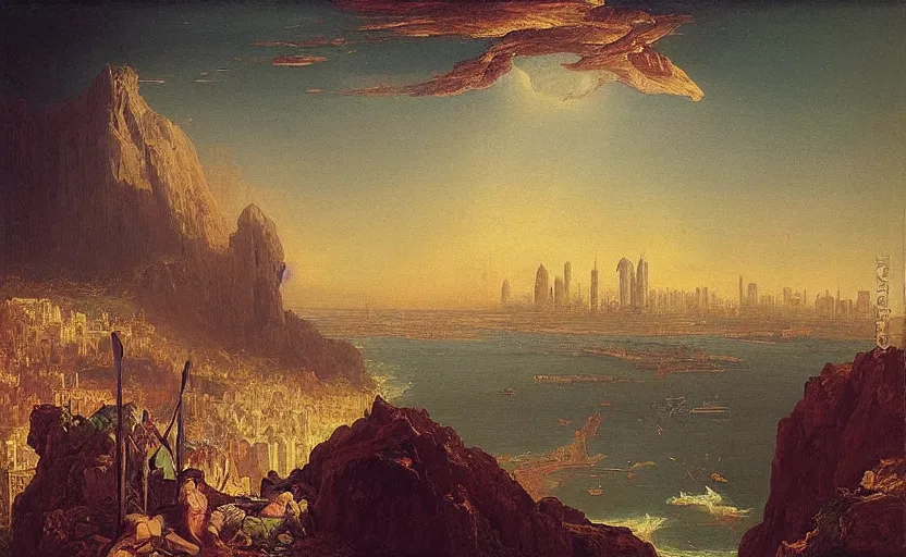 Image similar to “ the fall of dubai, in the style of thomas cole ”