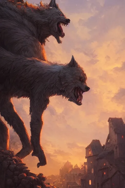 Image similar to a beautiful artwork illustration, Fenrir standing over a medieval village at sunset, destruction, by Greg Rutkowski and Jesper Ejsing and Raymond Swanland, featured on artstation, wide angle, vertical orientation