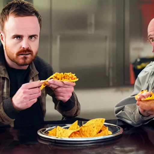 Prompt: jesse pinkman eating nachos with walter white, 4 k