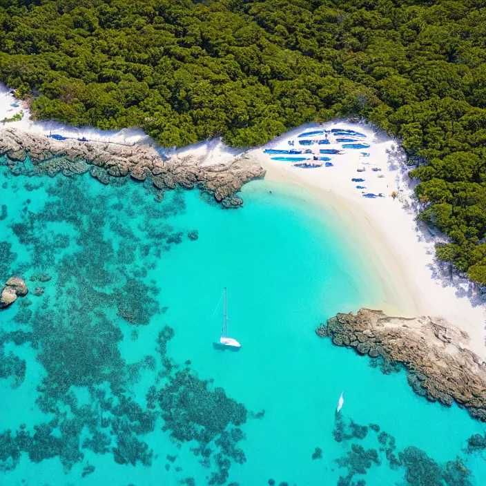 Image similar to an aerial perspective of a crystal clear bay, beach, turquoise ocean, yachts anchored in the bay, photo - realistic, highly detailed, calm, serene