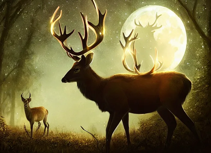 Image similar to deer with glowing antlers, moonlight, art by artgerm and greg rutkowski, cinematic shot, intricate, photorealistic, artstation, realistic, 1 0 0 mm, photography, octane, high definition, depth of field, bokeh, 8 k