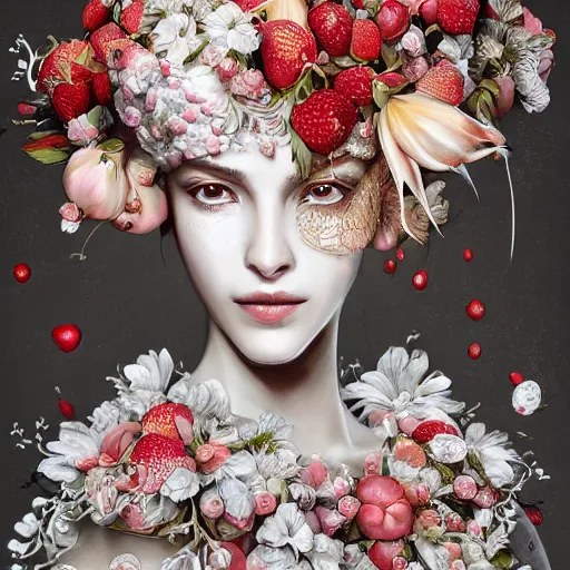 Image similar to the portrait of an absurdly beautiful, graceful, elegant, sophisticated, fashionable woman made of strawberries and white petals looking down, an ultrafine hyperdetailed illustration by kim jung gi, irakli nadar, intricate linework, bright colors, octopath traveler, final fantasy, unreal engine 5 highly rendered, global illumination, radiant light, detailed and intricate environment