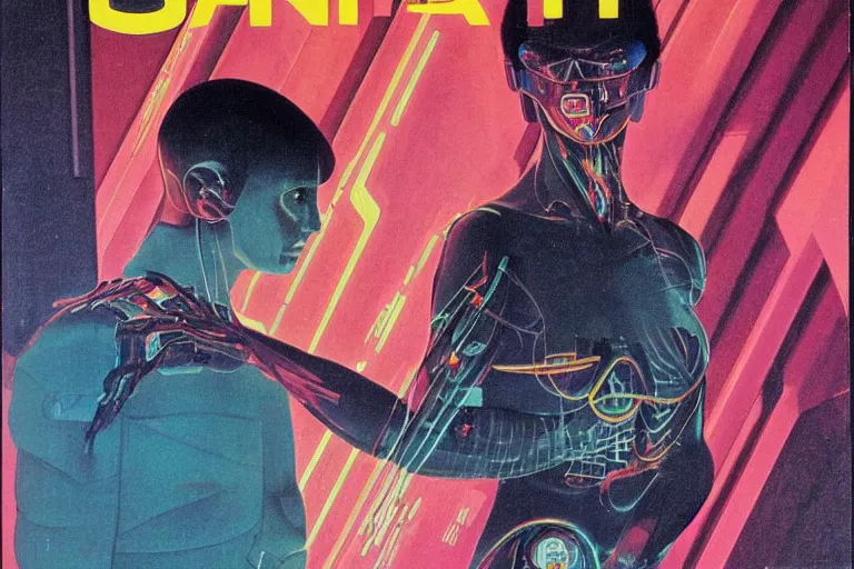 Image similar to a 1982 cover of OMNI magazine depicting an anatomically correct hand holding an electronic box. Neo-Tokyo. Cyberpunk style art by Vincent Di Fate.
