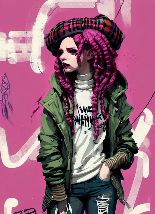 Image similar to highly detailed portrait of a sewer punk lady, tartan hoody, blonde ringlet hair by atey ghailan, by greg rutkowski, by greg tocchini, by james gilleard, by joe fenton, by kaethe butcher, gradient magenta, black, blonde cream and white color scheme, grunge aesthetic!!! ( ( graffiti tag wall background ) )