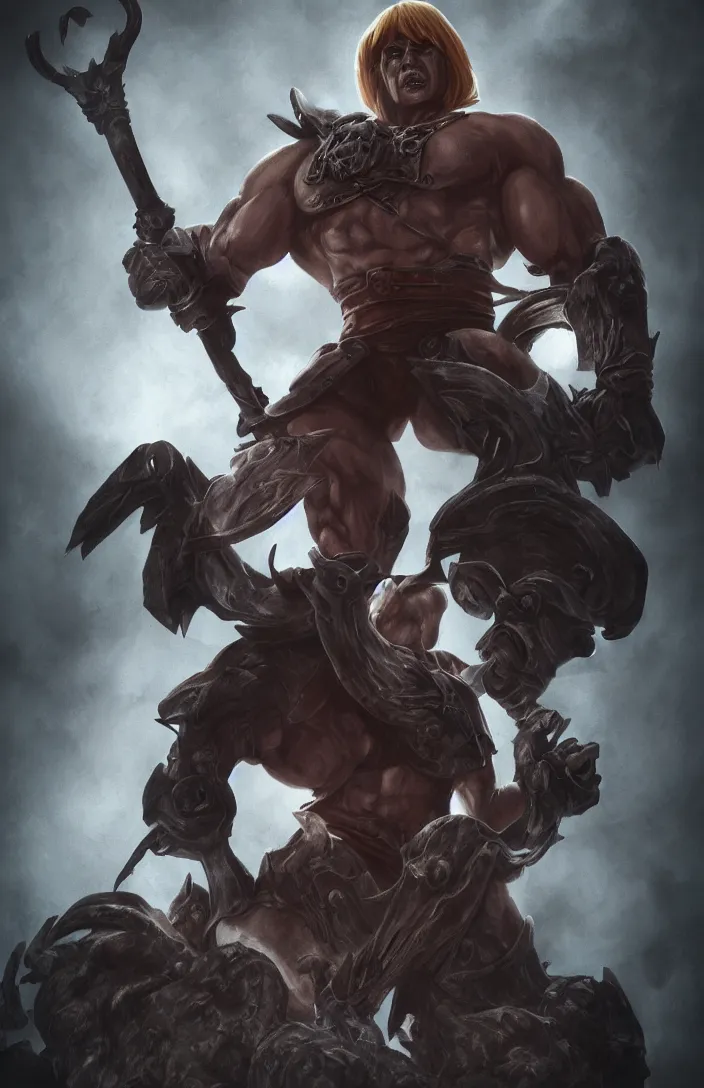 Prompt: He-Man with a dark manner, centered fullest body character pose, atmospheric, dark and mysterious, shadowy and eerie character, ominous, cinematic, Epic, 4k, ultra detailed, ultra realistic, colored ZBrush render,