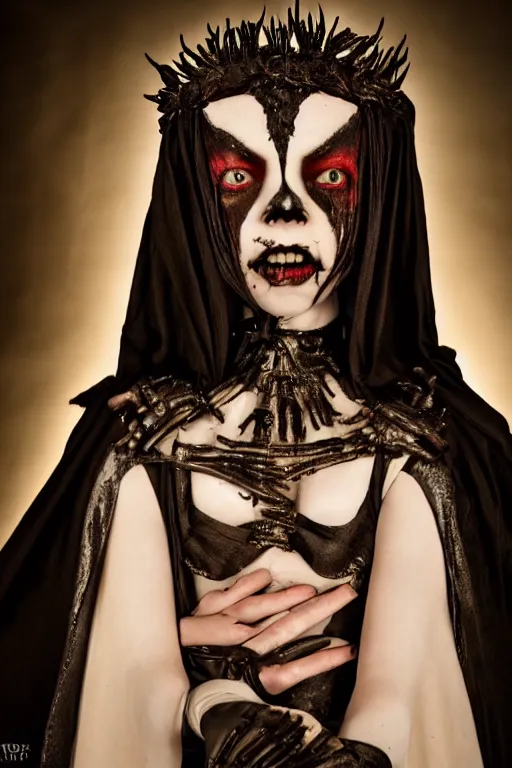 Image similar to dressed anya taylor - joy, a sinister demonic queen of cenobites, symmetrical, cinematic, elegant, demonic atmosphere, professional studio light, real dlsr photography, sharp focus, costume made by clive barker, real rotten flesh and blood, 4 k, ultra hd, sense of awe