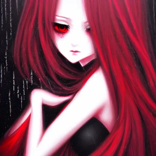 Prompt: beautiful seductive female ghost, in the rain, highly detailed, painting, dark red and black color palette, intricate, high quality 3 d anime artstyle, in the style of sana takeda