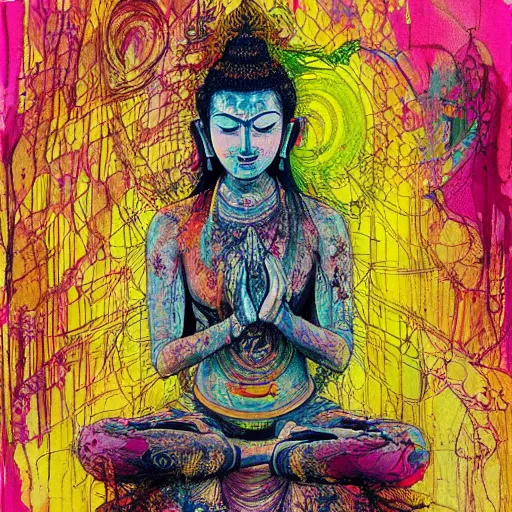 Image similar to contented female bodhisattva, praying meditating, realism, elegant, intricate, portrait illustration by Carne Griffiths and David Cronenberg