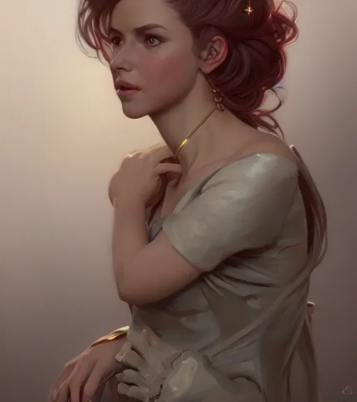 Image similar to a girl wearing a golden dress, grey hair, red necktie, cinematic, stunning, highly detailed, digital painting, artstation, smooth, hard focus, full body shot, illustration, art by artgerm and greg rutkowski and alphonse mucha