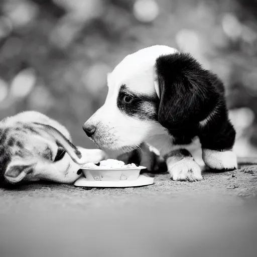 Image similar to black and white photography of a puppie giving some food to baby cat, animal photography, award winning photography by Leonardo Espina