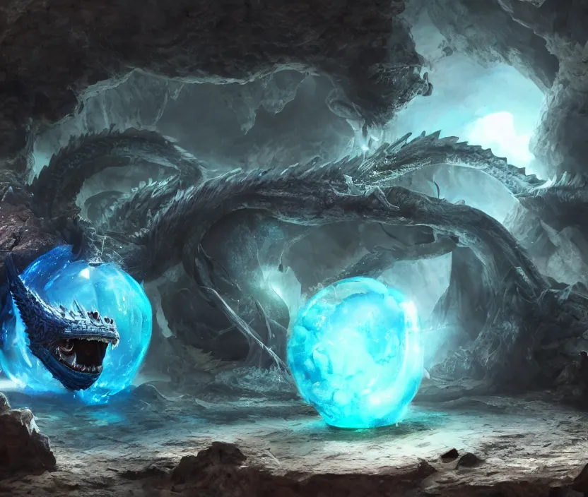 Image similar to a little spherical blue slime looking to a sitting black dragon inside a cave with magic crystals, hyperrealistic, digital art, concept art, octane render, unreal engine 5, trending on DeviantArt, trending on DeviantArt, highly detailed, high quality, 8K HDR, path traced, anatomically correct, geometric, cinematic, high coherence