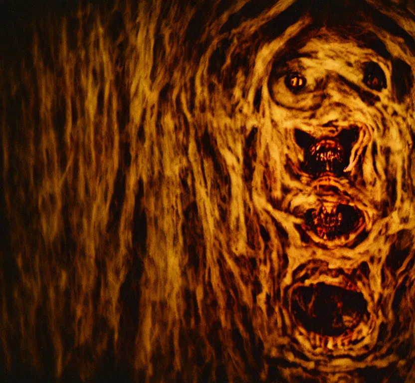 Prompt: Horrifying hypnopompic hallucinations, horror, cosmic horror, horrifying, creepy, nightmare, 35 mm, film shot, 8k