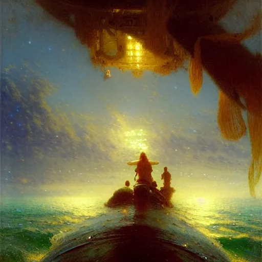 Image similar to point of view of deep in the ocean looking up, you see fishes, the milk way, night time, midnight, no sunlight. highly detailed painting by gaston bussiere, greg rutkowski 8 k