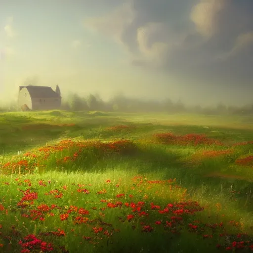 Image similar to a matte painting of a european prairie, cottages, foggy, patchy flowers, oil painting, pale colors, high detail, 8 k, wide angle, trending on artstation,