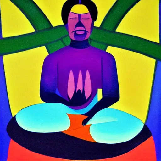 Image similar to A beautiful painting of a man with a large head, sitting in what appears to be a meditative pose. His eyes are closed and he has a serene look on his face. His body is made up of colorful geometric shapes and patterns that twist and turn in different directions. It's almost as if he's sitting in the middle of a kaleidoscope! electric purple by Peter Holme III, by Phoebe Anna Traquair ghostly, sinister