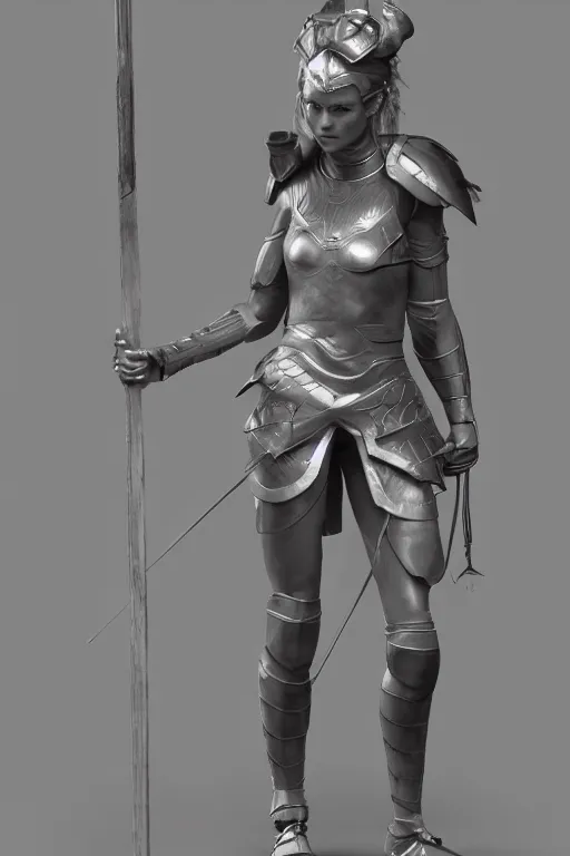 Prompt: а highly detailed sculpt of athletic girl in armor with long spear in hands, concept design, cinematic light, featured on artstation, octane render, path tracing, sharp focus, 4 k.