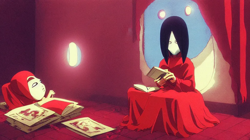 Prompt: a fortune teller wearing a mask sits in a red velvet room reading a fortune, anime film still from Studio Ghibli movie with art direction by Zdzisław Beksiński, wide lens