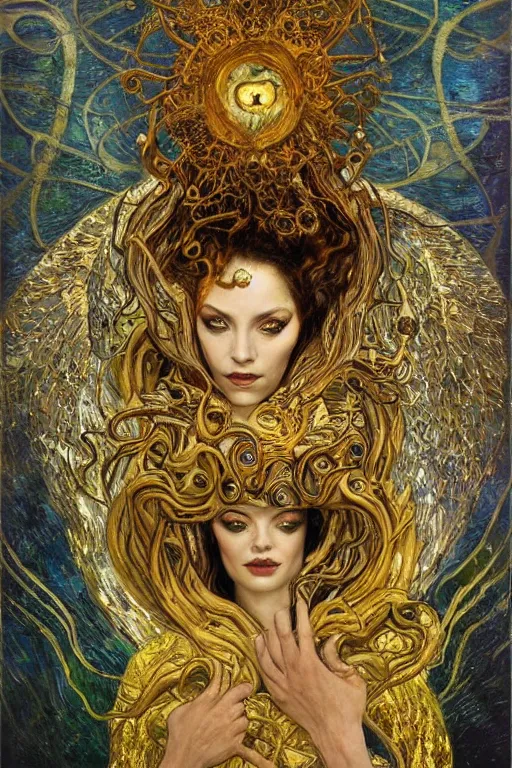 Image similar to Intermittent Chance of Chaos Muse by Karol Bak, Jean Deville, Gustav Klimt, and Vincent Van Gogh, beautiful portrait of Rebirth, Loki's Pet Project, Poe's Angel, Surreality, inspiration, imagination, muse, otherworldly, fractal structures, arcane, ornate gilded medieval icon, third eye, spirals