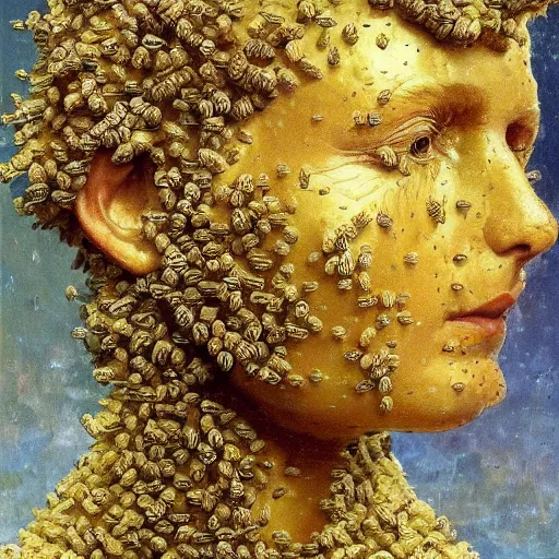 Prompt: a sculpture portrait made of bees and honey and flowers and plants, painting part by wojciech siudmak, part by ilya repin, part by max ernst, part by norman rockwell, artstation