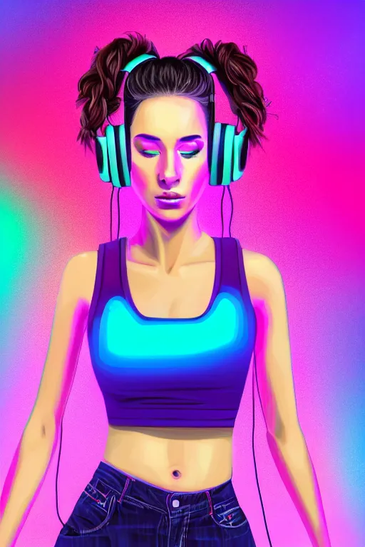 Prompt: a award winning half body portrait of a beautiful woman with stunning eyes in a croptop and cargo pants with ombre purple pink teal hairstyle dancing while listening to music with headphones on her ears by thomas danthony, surrounded by whirling illuminated lines, outrun, vaporware, shaded flat illustration, digital art, trending on artstation, highly detailed, fine detail, intricate