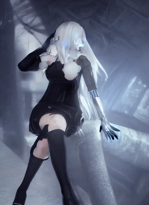 Image similar to Hyperrealistic beautiful portrait of 2B, nier automata, black dress, 8k, Octane Render, cinematic lighting