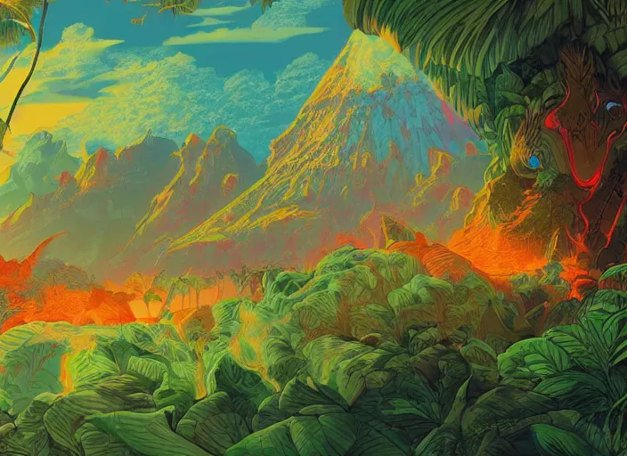 Image similar to psychedelic art of dinosaurs and volcanoes, jungle landscape, detailed, cel shaded, by makoto shinkai and moebius and anton fadeev and james gurney