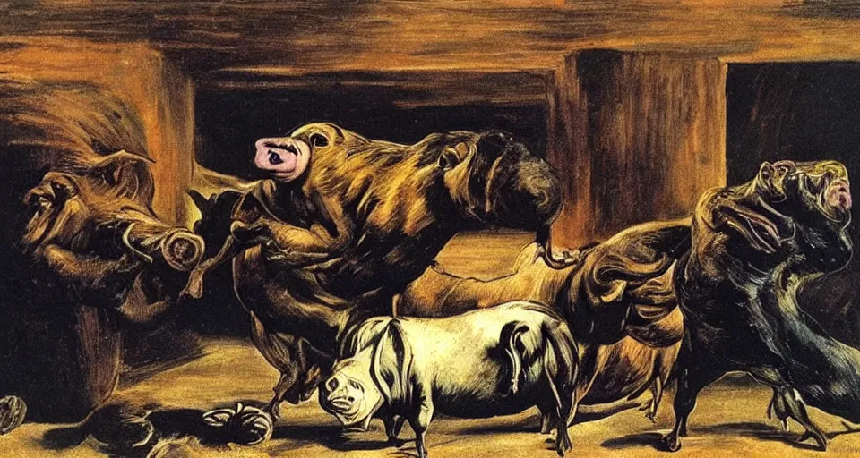 Image similar to trading pigs for swine by salvador dali and goya