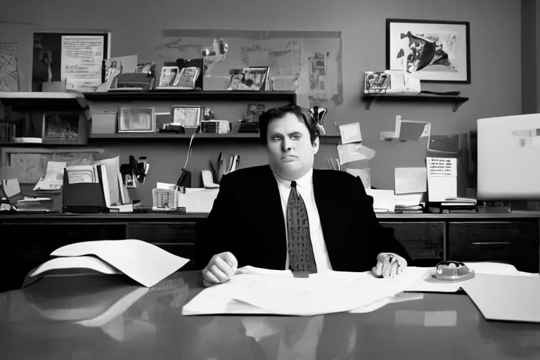 Prompt: cinematic film still from 1994 film: portly clean-shaven white man wearing suit and necktie at his desk. He has his right leg and foot propped up on his desk. XF IQ4, f/1.4, ISO 200, 1/160s, 8K, RAW, dramatic lighting, symmetrical balance, in-frame