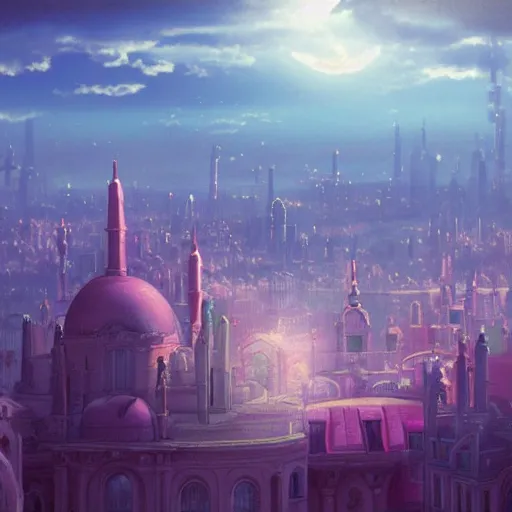 Image similar to pastel, baroque utopian cityscape in the sky, sci-fi, dreamlike, surreal, angels, soft lights, cinematic, 8k, by Ghibli,