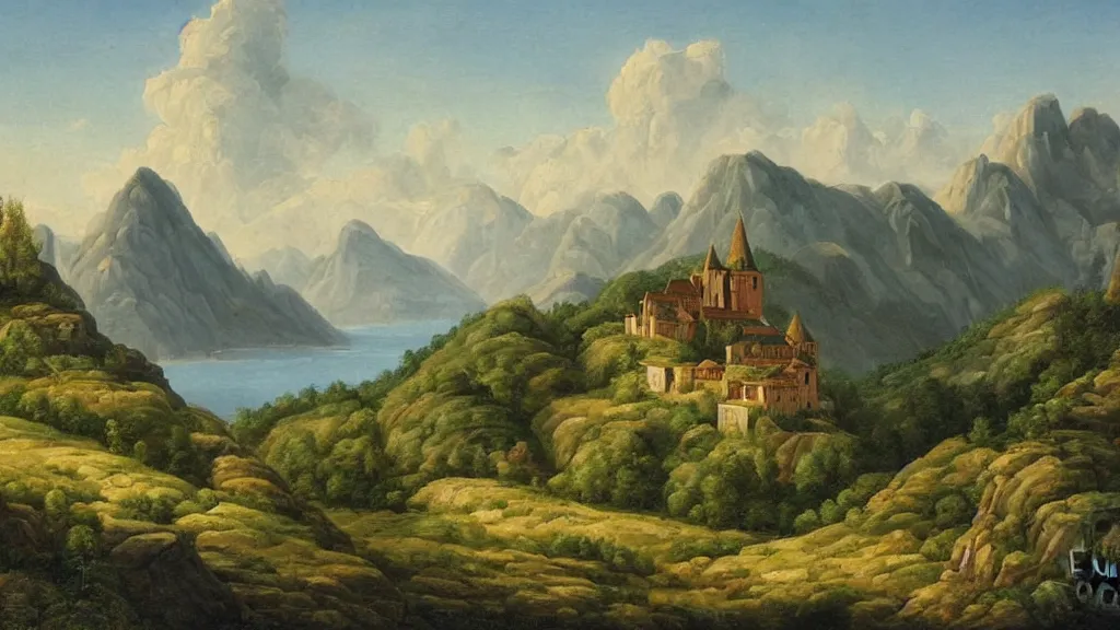 Image similar to detailed naturalism landscape painting of a monastery on the top of a rough, steep mountain with great view on other mountains, epic