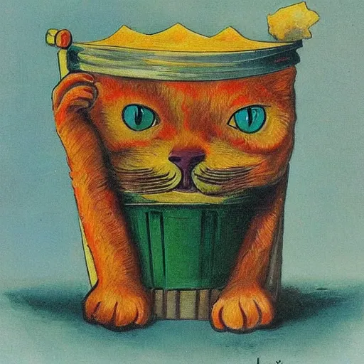 Prompt: trash can cat by louis wain