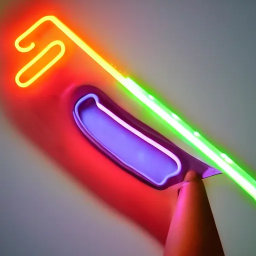 Image similar to an extremely high quality photo of a surreal neon-lightsaber-sandwich, the polymer clay neon tube ((sandwich)) creation, a hybrid mixture of sandwichlightsaberneons and lightsaber neon sign fillings, neon tubes drizzled on top, lightsaber filling, promotional photo, 4k polymer clay food photography