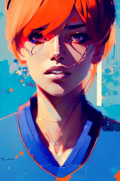 Prompt: a ultradetailed beautiful panting of a stylish girl in a knicks jersey, by conrad roset, greg rutkowski and makoto shinkai, trending on artstation