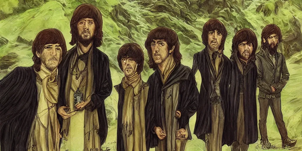 Image similar to the beatles in lord of the rings, fantasy art style