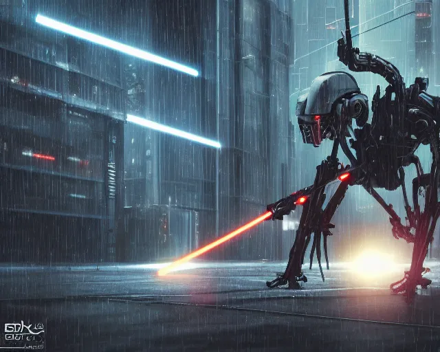 Prompt: photo of the iconic scene where general grievous with 4 arms holding 4 activated lightsabers in the rain. cyberpunk horror style. highly detailed 8 k. intricate. nikon d 8 5 0 5 5 mm. award winning photography.