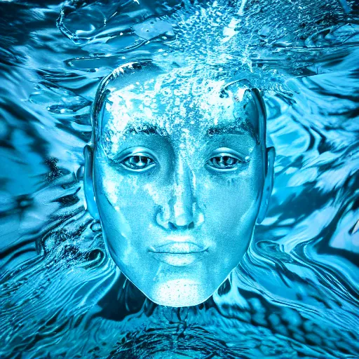 Prompt: water artwork manipulation in the shape of a human head, on the ocean water, ray tracing, realistic water sharp focus, long shot, 8 k resolution, cinematic, water sculpture