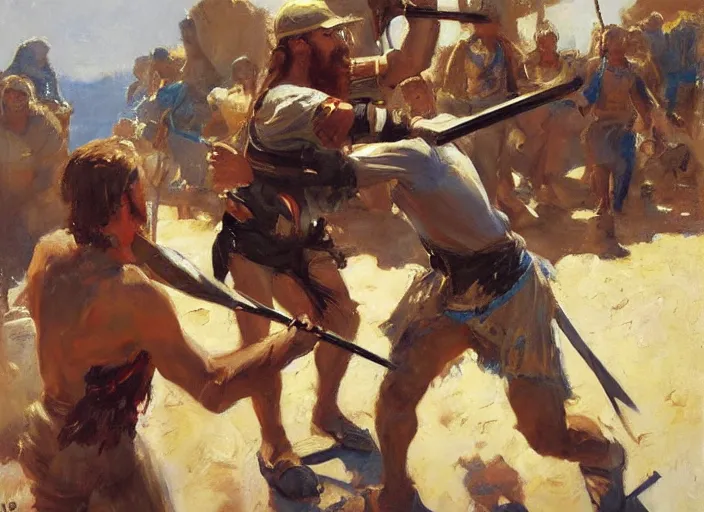 Prompt: a highly detailed beautiful portrait of king david slaying goliath, by gregory manchess, james gurney, james jean