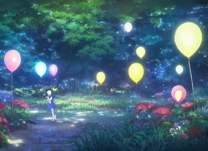 Prompt: hundreds of balloons in a magical garden, anime scenery by Makoto Shinkai