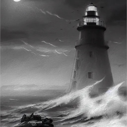 Image similar to lighthouse, ocean, two loons, crashing waves, light, black and white, tattoo art, dramatic lighting, illustration by Greg rutkowski, yoji shinkawa, 4k, digital art, concept art, trending on artstation