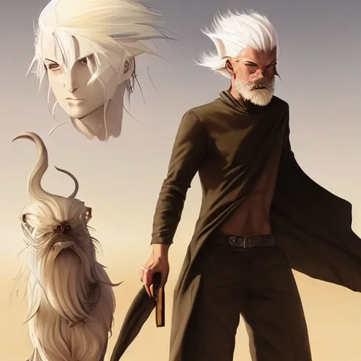 Image similar to a man with stylish white hair,an unusual beard and yellow eyes walking in a desert,character design by charlie bowater, ross tran, artgerm, and makoto shinkai, detailed, inked, western comic book art, 2021 award winning painting,digital art,art by greg rutkowski,photorealistic,highly detailed,hyperdetailed,hyperrealistoc,detailed face,surreal,fantasy,real life