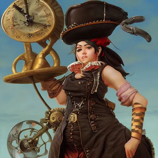 Prompt: steampunk fat pirate chef, highly detailed, digital painting, artstation, concept art, smooth, sharp focus, illustration, ArtStation, art by artgerm and greg rutkowski and Hikari Shimoda and Edmund Blair Leighton and Charlie Bowater