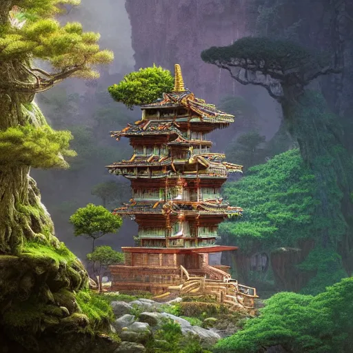 Image similar to A beautiful hyper realistic detailed matte painting of a bonsai tree shaped temple nestled in forest mountains by John Howe and Albert Bierstadt and Alena Aenami and dan mumford and dave noton, unreal engine, trending on behance