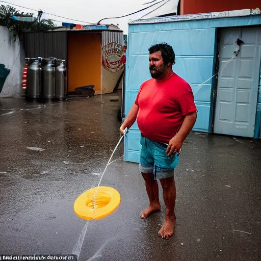 Image similar to man standing next to his inflatable quecha, drinking a canned beer, it is raining and he has no shelter so he gets soaked