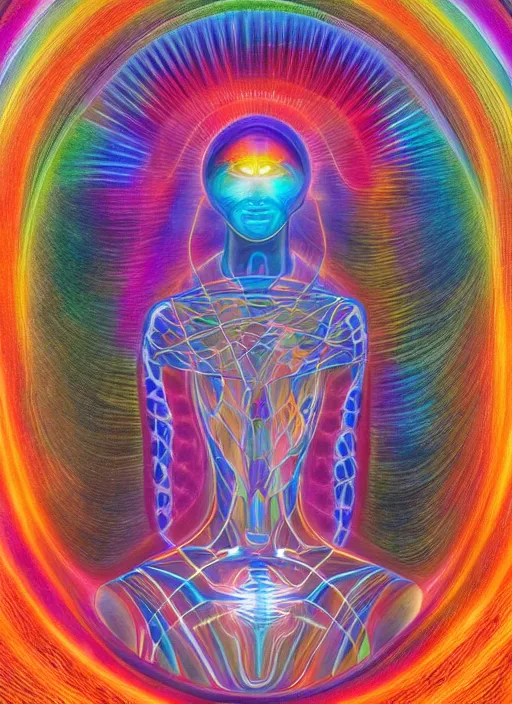 Image similar to humankind transcendence into collaborative intelligence, group intelligence, ai, by alex grey, album cover, award winning, beautiful, colorful, volumetric lighting, trending on artstation