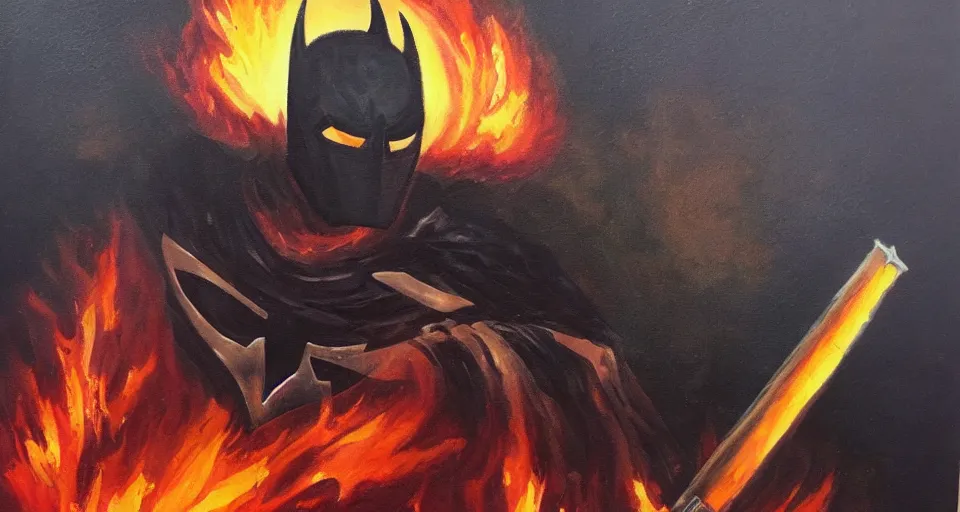 Image similar to An oil painting of a dark knight wielding a flaming sword