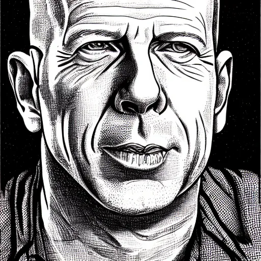 Image similar to a illustration portrait of Bruce Willis drawn by Robert Crumb