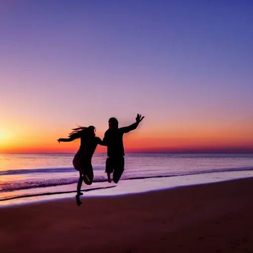 Prompt: Two people jump on the seashore in the sunset rays , twilight