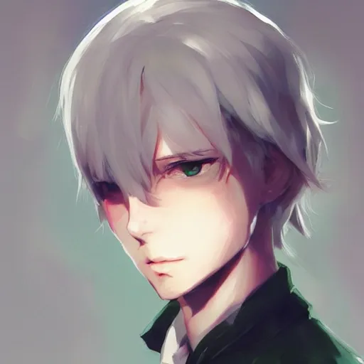 anime guy with white hair and green eyes